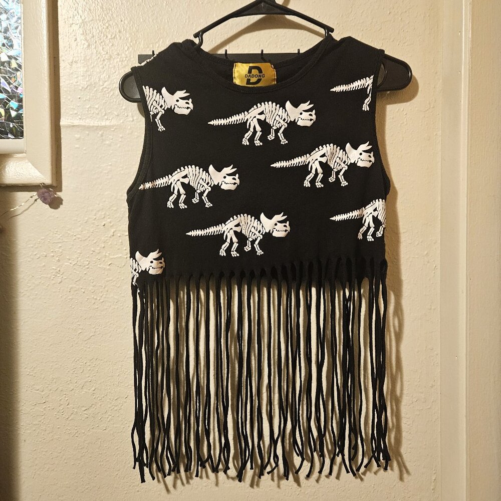 Fringed dinosaur bone / fossil print sleeveless crop top